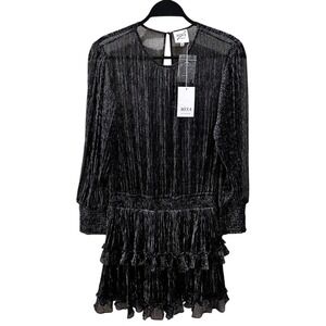 MISA Los Angeles Size M Black Silver Sheer Bodice Ruffled Long Sleeve Mini Dress